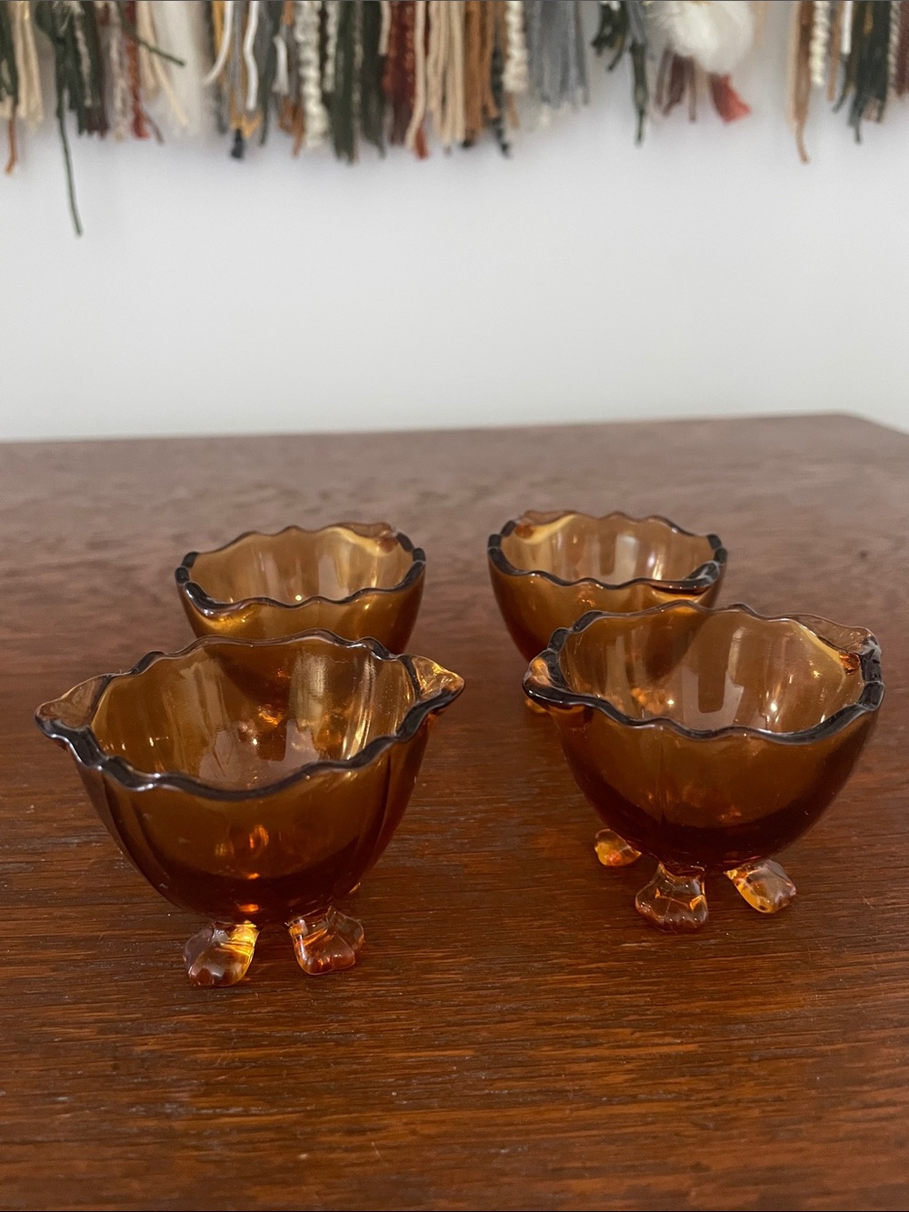 Set of 4 Amber Glass Footed Salt Cellars